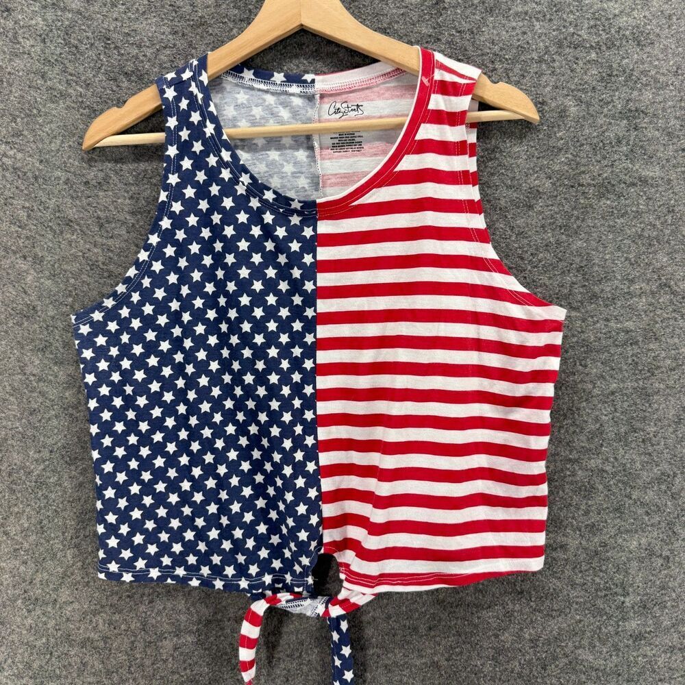 City Streets Tank Women XL Red American Flag Print Sleeveless Wide Strap Tie Up